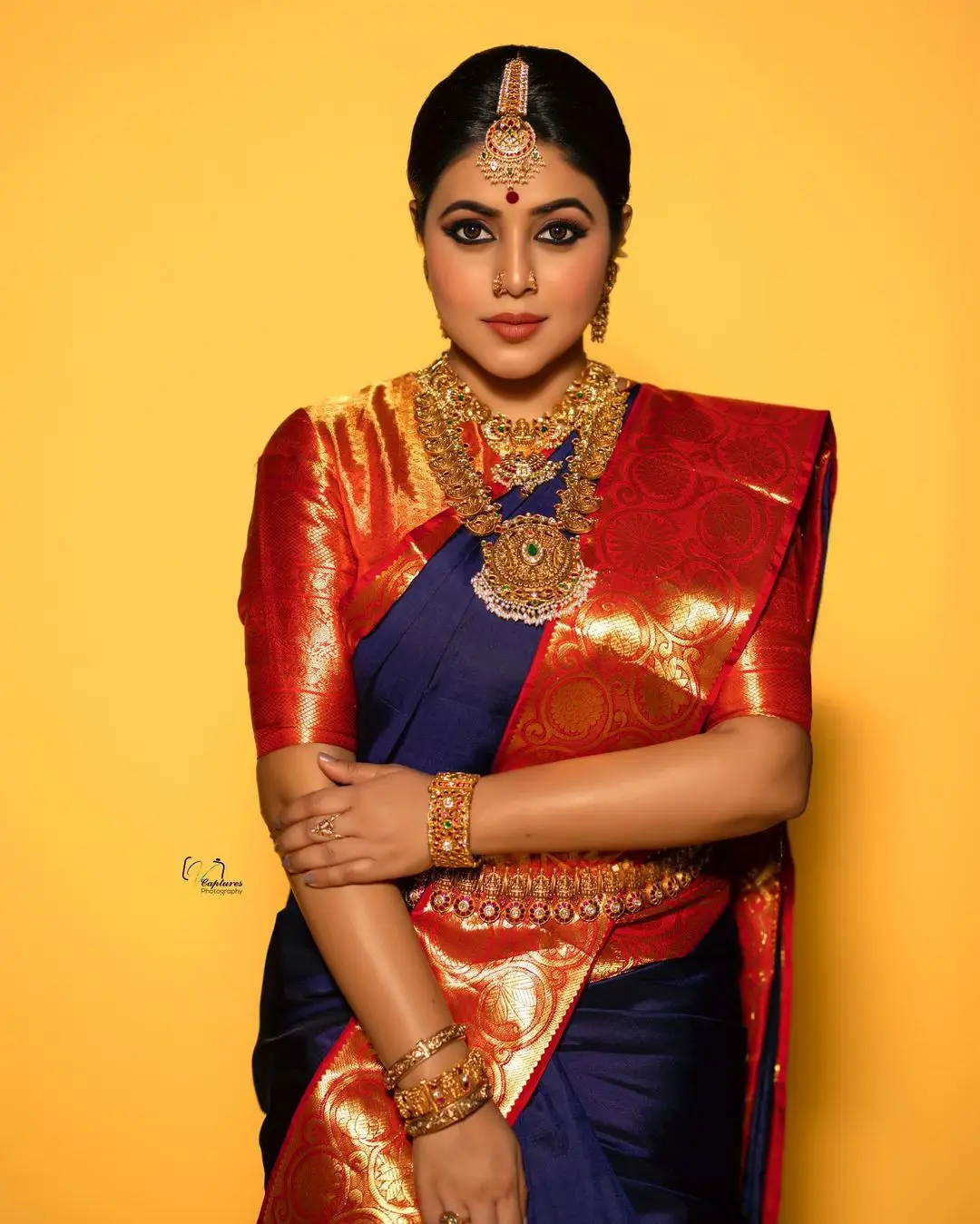 Malayalam Girl Shamna Kasim In Blue Pattu Saree Red Blouse